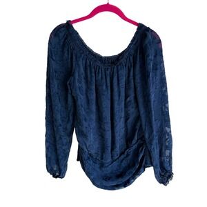 WHITE HOUSE BLACK MARKET Blue Silk Crushed Velvet Long Sleeve Ladies‎ Top, S